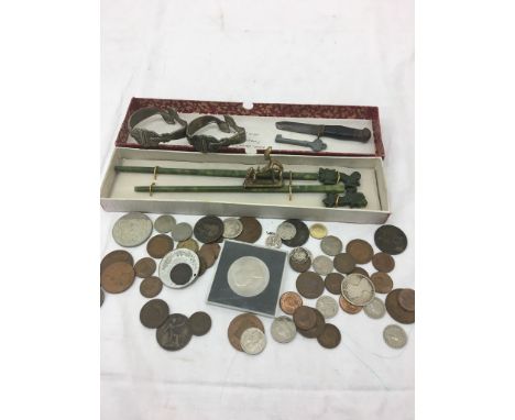 A quantity of items to inc jade chopsicks, small erotic African bronze, silver coins, bracelets etc