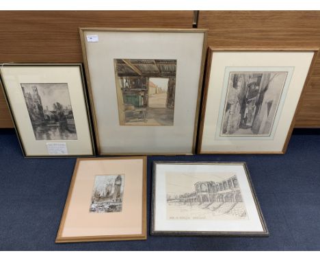 Five original ink, watercolour &amp; pencil studies of architectural/topographical interest to inc London, Bruges etc, variou