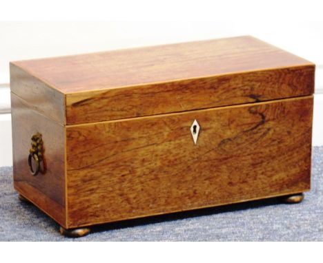 A George III period rosewood and boxwood strung Tea Caddy, the hinged lid opening to reveal central hand cut faceted glass do