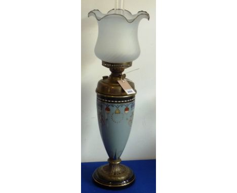 A late 19th century Art Nouveau painted glass and brass mounted Oil Lamp with crimped frosted shade, on cast brass and marble