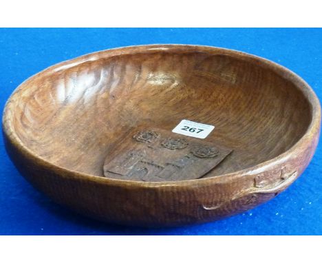 A highly unusual hand-tooled oak Fruit Bowl by Robert "Mouseman" Thompson apprentice, Martin (Lizardman) Dutton, the centre o