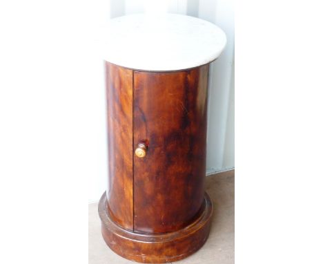 A 19th Century white Carrara marble topped circular mahogany Pot Cupboard having marble shelf and on circular mahogany plinth