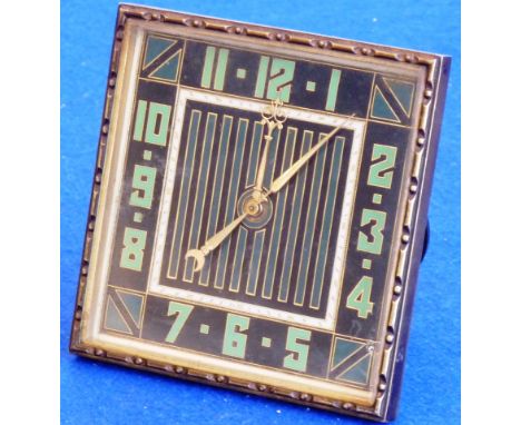An Art Deco period and style bedside style Clock, green enamel Arabic numerals, 10.5cm square 