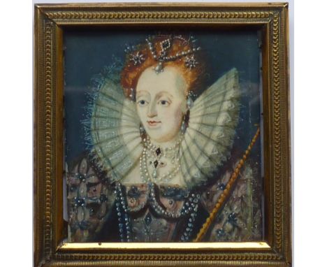 A rectangular Portrait Miniature of Elizabeth I, annotated verso "Elizabeth R AD1559 As't 24th Fuccio Pinx", square gilt meta