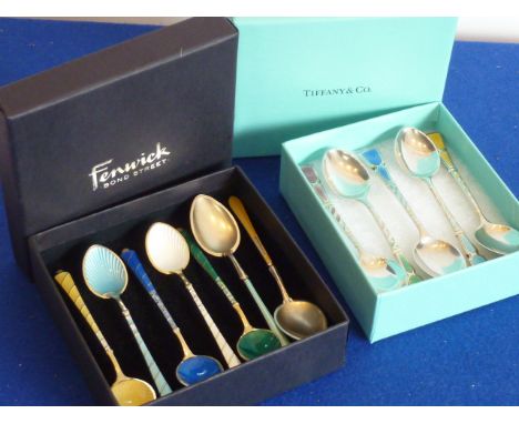 Five hallmarked silver Coffee Spoons with differing coloured enamel terminals (within presentation box) together with five fu