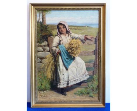 Edwin Bale, (1842-1923), a gilt framed (later) Oil (possibly on canvas laid onto Artist's board?) Study of a young girl carry