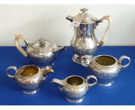 A good 19th Century five-piece silver plated Tea/Coffee Service comprising bullet-shaped Teapot, Coffee Pot, two-handled Suga