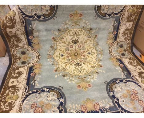 Handmade Bergama Rosey Oriental Hand-Spun Wool Savonnerie Carpet 8  x 10  - Light Blue/Ivory The Most Luxurious Deep Piled Ru