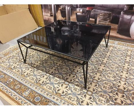 Ashkelly Coffee Table Black Metal Frame With Black Glass Top Brass Inlay With Low Shelf The Contrast Of The Black Glass With 