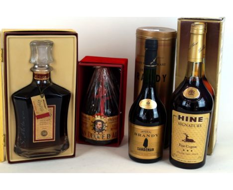 4 bottles mixed Lot Cognac and unusual brandies (all in OPC's)
comprising - 1 litre bottle Cognac Hine *** “Signature”, 1 bot