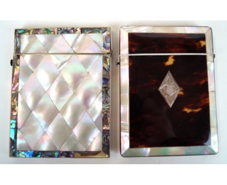 Two late 19th/early 20th Century mother of pearl card cases
One example inlaid with faux tortoiseshell central panels and bor