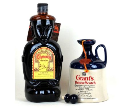 2 bottles comprising Whisky and Kahlua 'Licor de Café' 
1 stoneware jug/decanter from early1980's Grants Deluxe Scotch Whisky