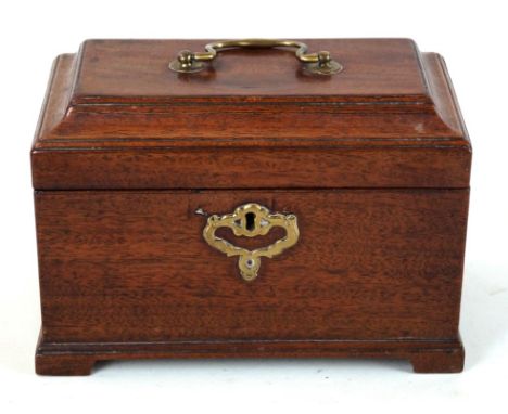 A George III mahogany tea caddy 
Of typical plain form, the interior enclosing three storage compartments, raised on bracket 