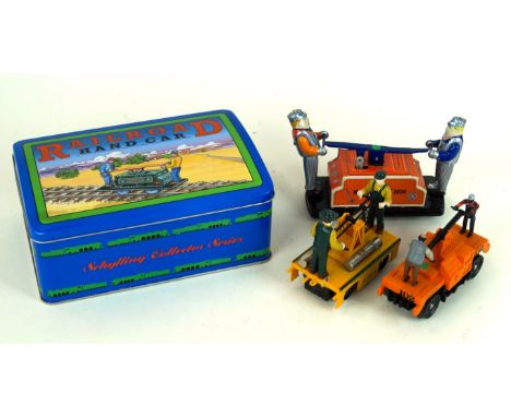 Four 'O' gauge rail road hand carts
Comprising Schylling cart in original tin - unused, Lionel Centennial cart, MTH 102 cart 
