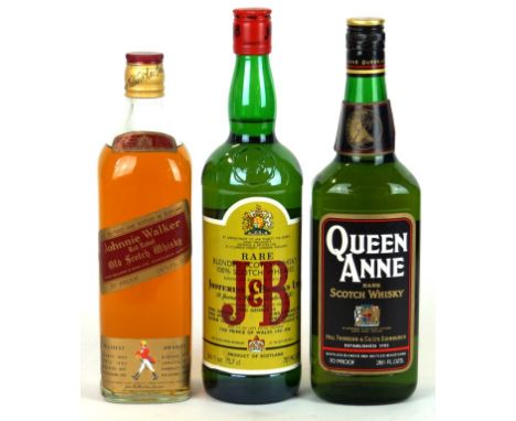 3 bottles Fine Scotch Whisky from 1970's comprising 
1 bottle Queen Anne Rare Scotch Whisky, 1 bottle Johnnie Walker Red labe