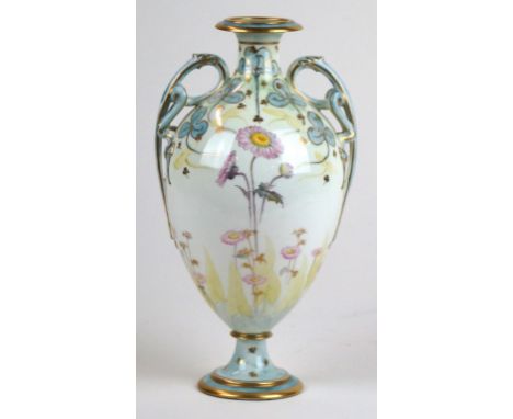 A Royal Crown Derby twin handled pedestal urn vase
Having hand-painted and gilt decoration, depicting sunflowers and foliate,