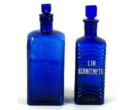 Two Edwardian blue glass poison bottles
One example entitled 'Lin Aconit.Meth. The further example an admiralty with embossed