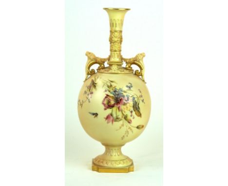 A Royal Worcester blush ivory twin handled pedestal urn vase
Decorated with flowers and foliage, by Edward Raby, puce factory