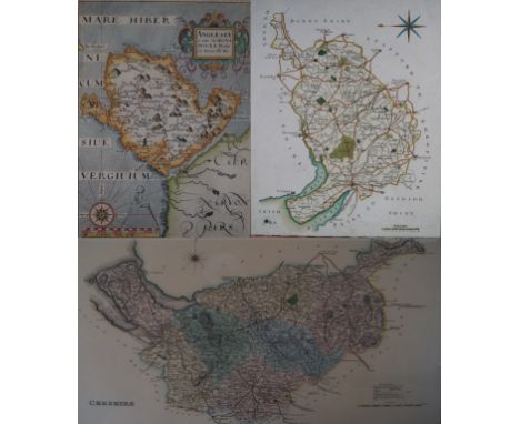 A hand tinted map of Anglesea by Christopher Saxton dated 1627
Map showing the various villages of Anglesea, 25x19cm, framed 