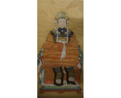 A Chinese Ancestor portrait, late Qing Dynasty (1644-1912)
The female empress, draped in silk robes with egret rank badge, he