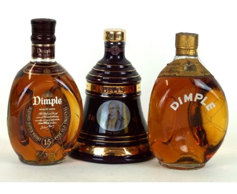 3 bottles Deluxe Whisky 
Comprising  1 Haig Dimple (1960's), 1 Haig Dimple 15 yo 1990's and 1 bottle Bells Ltd Edition Bell D