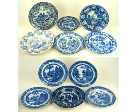 Eleven 18th Century and later ceramic and pearl ware blue and white plates
Various scenes including cattle, elephant in lands
