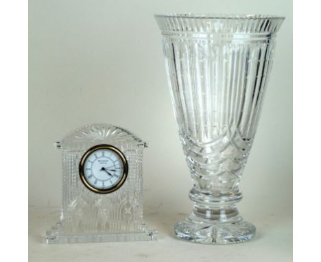 Two pieces of Waterford cut glassware
To include a large pedestal vase, height 33cm, mantle clock height 17.5cm
 CONDITION RE