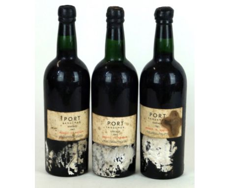 3 bottles Sandemans Vintage Port 1963 
(2 i/n, 1 u/s) Waxed seals - 1 damaged and light seepage bottled by British Transport 