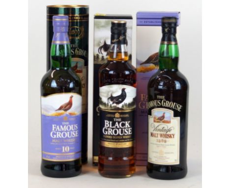 3 bottles collection of Famous Grouse Whisky all in OPC's and comprising 
1 bottle each of "The Black Grouse" Blended Scotch 