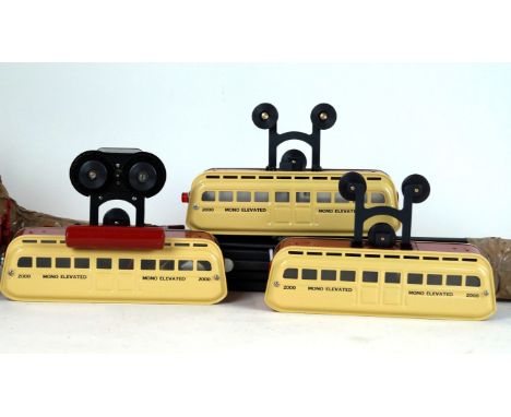An MTH Detroit 2000 mono elevated mono rail train set
With bases upright poles etc, the passenger cars red with cream sides.
