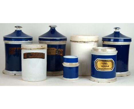 Ten various chemist pharmacy ceramic jars
Comprising six blue and white examples, one example with glass label 'Ung: Resin/e'