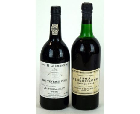 2 bottles Vintage Port
1 bottle Feuerheerd 1963 bottled by Hedges & Butler (level at t/s) together with 1 bottle Smith Woodho