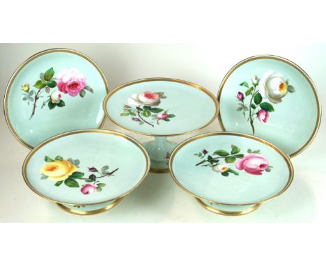 A late 19th Century Minton hand-painted porcelain twelve piece desert service
Each decorated with roses, on a lime green grou