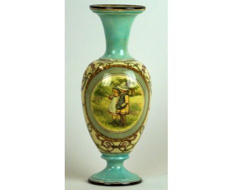 A Doulton Lambeth faience ware vase of baluster form
Having hand-painted decoration, depicting children in landscape, painted