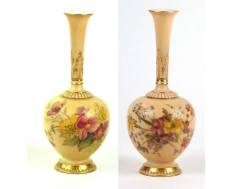 A near pair of Royal Worcester blush ivory vases
Each of bulbous form with cylindrical necks, decorated with flower heads and