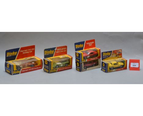 Five boxed Dinky Toys diecast model cars, 112 Purdey's TR7 with silver 'P' logo to bonnet, 2 x #211 Triumph TR7, one badly su