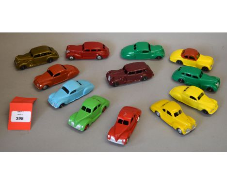 Twelve unboxed, restored and repainted  Dinky diecast model cars from the 39 series, including Buick, Lincoln Zephyr and Stud