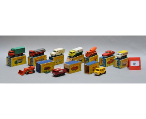 Ten boxed Matchbox 'Regular Wheel' 1-75 series diecast models, 10d, 14c, 25c, 26c, 28b, 44c, 58b Drott with one set of perish