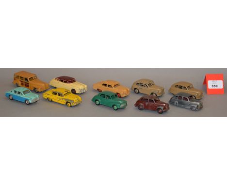 Ten unboxed vintage playworn Dinky Toys diecast model cars including a 40g Morris Oxford with green body and light green hubs