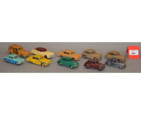 Ten unboxed vintage playworn Dinky Toys diecast model cars including a 40g Morris Oxford with green body and light green hubs