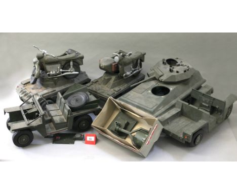 Quantity of vehicles and accessories for Palitoy Action Man, including: Motorcycle and Sidecar; Landrover; etc.