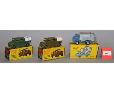 Three Budgie Toys diecast models, 2 x Army Personnel & Equipment Carriers with army green paint work, one with star decal to 