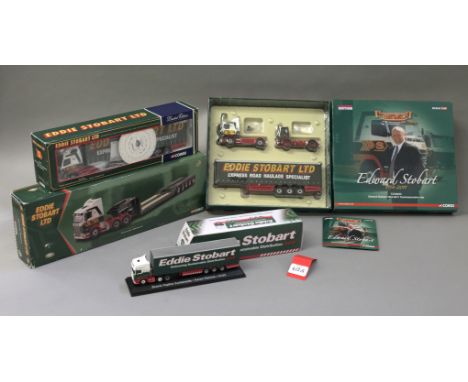 Three boxed Corgi Eddie Stobart diecast model trucks in 1:50 scale, CC99203 1954-2011 Commemorative Set, CC12401 Volvo Curtai