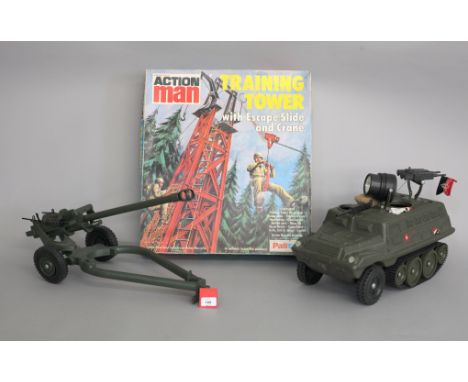 Palitoy Action Man: Training Tower, boxed; Cherilea tank; 105mm Light Gun. 