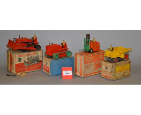 Four boxed Dinky Toys diecast models, 14c Coventry Climax Fork Lift, 561 Blaw Knox Bulldozer, 562 Dumper Truck and 563 Heavy 