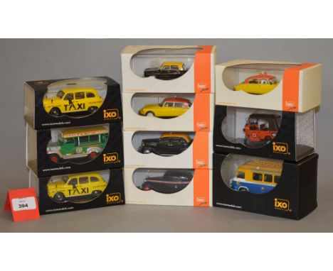 Seven boxed IXO diecast Taxi models in 1:43 scale, including Citroen, Ford and Austin variants, overall appear VG in G+/VG pa