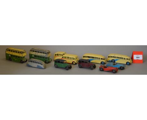 Ten unboxed vintage playworn Dinky Toys diecast model vehicles including a number of Public Service Vehicles - Streamlined, O