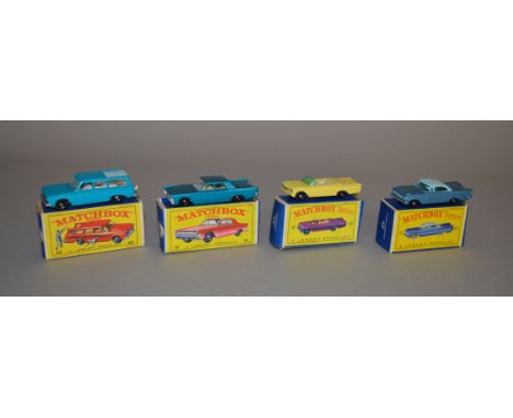 Four boxed Lesney diecast model cars from the 'Matchbox 1-75 Series' range, 31c Lincoln Continental metallic blue, BPW no tow