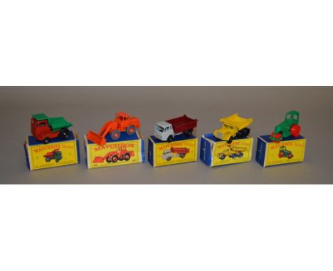 Five boxed Lesney construction vehicle diecast models from the 'Matchbox 1-75 Series' range, 1d Aveling Barford Road Roller w