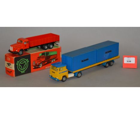 A boxed vintage Tekno diecast model, 451 Scania Vabis six wheel dropside Lorry in red, G but missing canopy in F box missing 